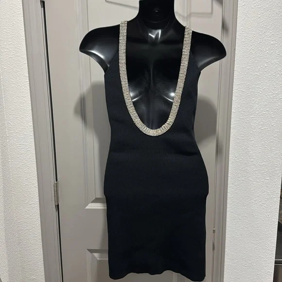 Anthropologie Endless Rose black jewel trim backless knit mini dress S - Picture 4 of 9